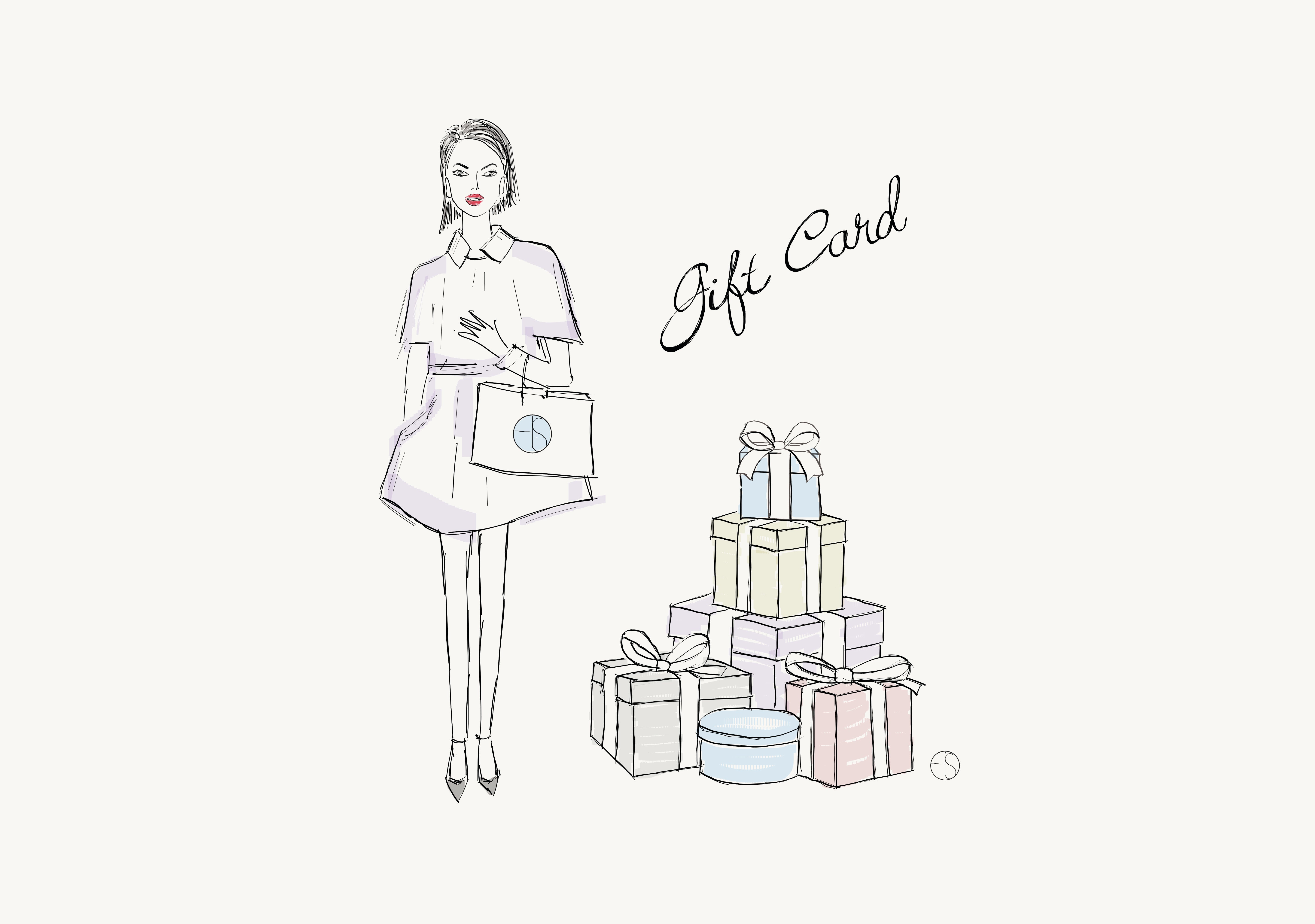 Eine minimalistische Illustration zeigt eine Frau in einem Kleid mit einer Einkaufstasche, die neben Geschenkboxen in verschiedenen Größen steht. Darüber steht elegant „Geschenkgutschein“ von Atelier Sofia, alles in Pastelltönen.